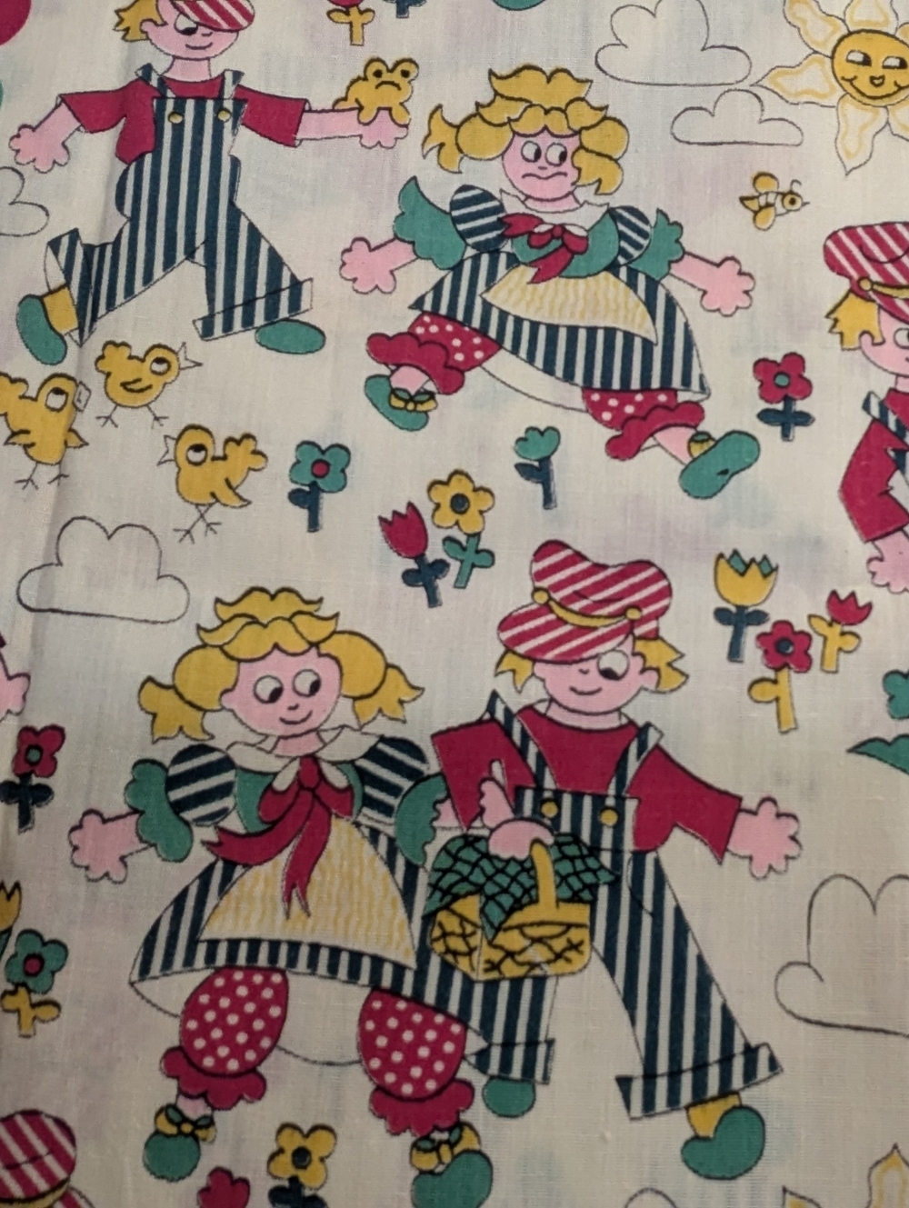 Vintage Fabric: Girl & Boy Playing w/Balloons, Flowers, Frogs